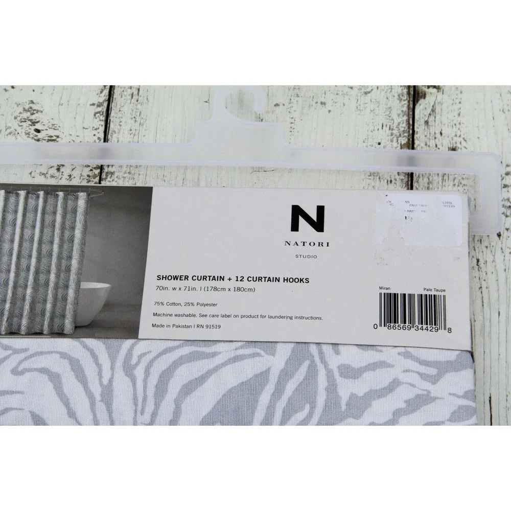 Natori Classic White and Grey Fabric Shower Curtain + 12 Curtain Hooks